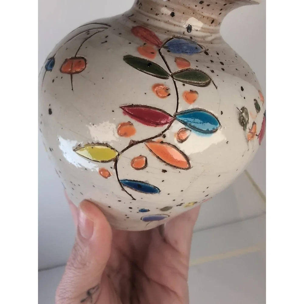 Glazed Handmade Pot/Vase Colorful Design Signed & Dated Contemporary, Cute Bugs?